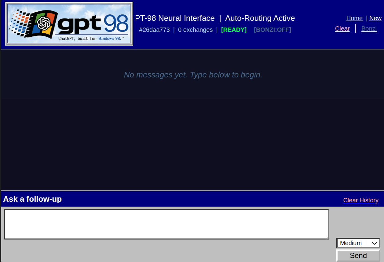 GPT-98 retro AI chat terminal screenshot
