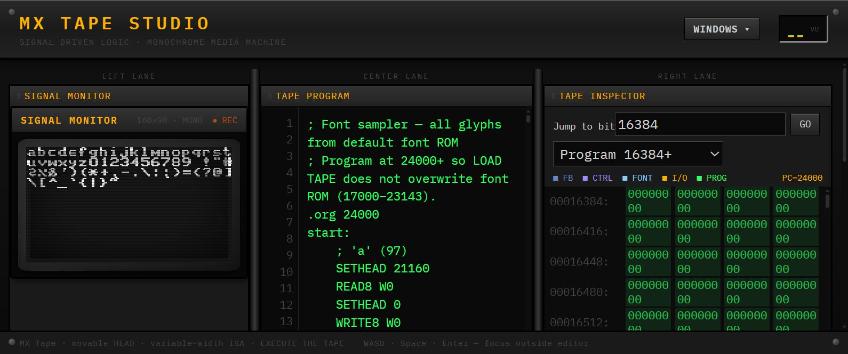MX Tape Studio signal monitor, tape program editor, and tape inspector