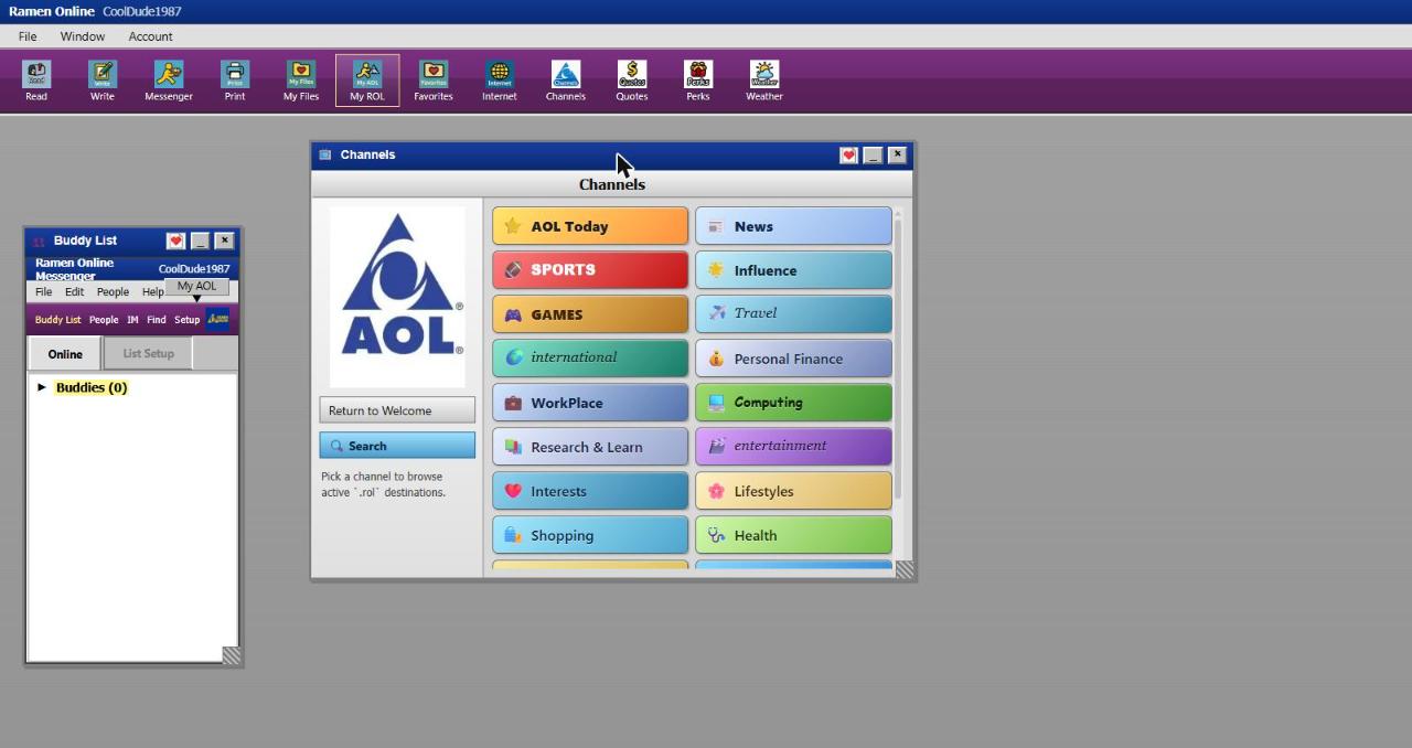 Ramen Online logged-in session showing the ROL instant messenger and Channels window